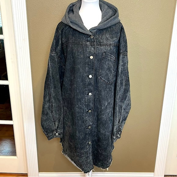 Thrill Jackets & Blazers - Thrill Jeans Women’s Long Jean Jacket Hooded Raw Edge Hem Size 3 XL Black EUC